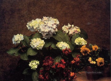 Henri Fantin Latour Painting - Hydrangias Cloves and Two Pots of Pansies Henri Fantin Latour